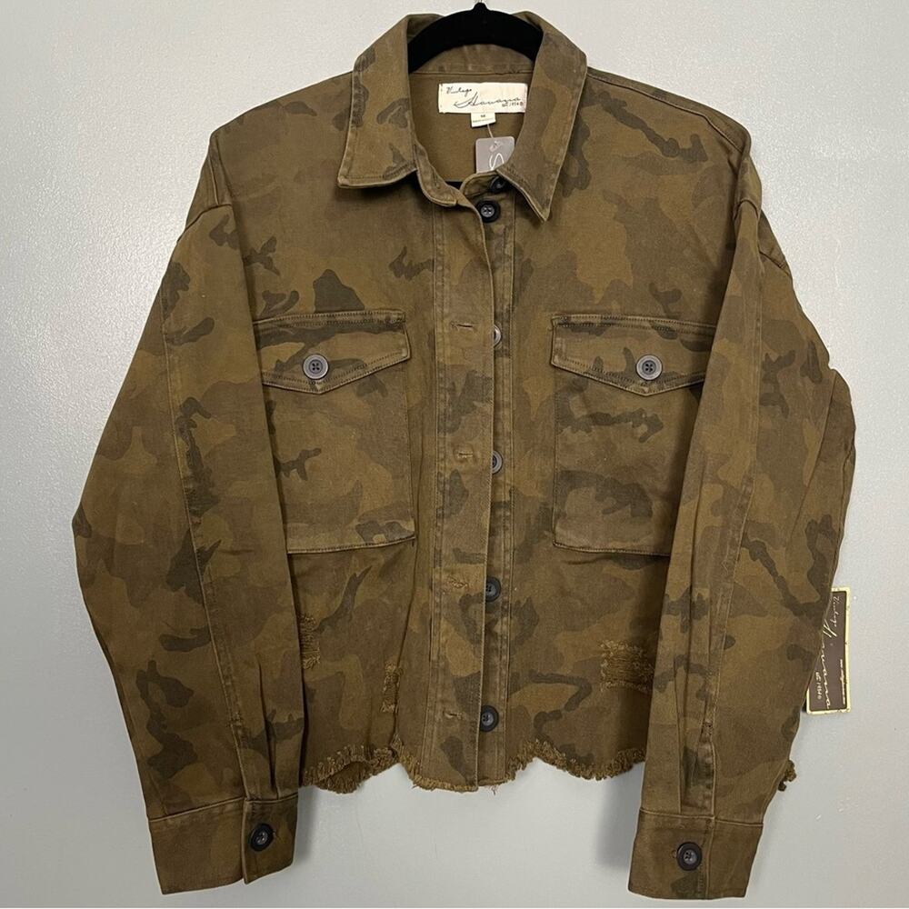 NWT Vintage Havana Camo Jacket Distressed Utility Green Womens M Military Casual